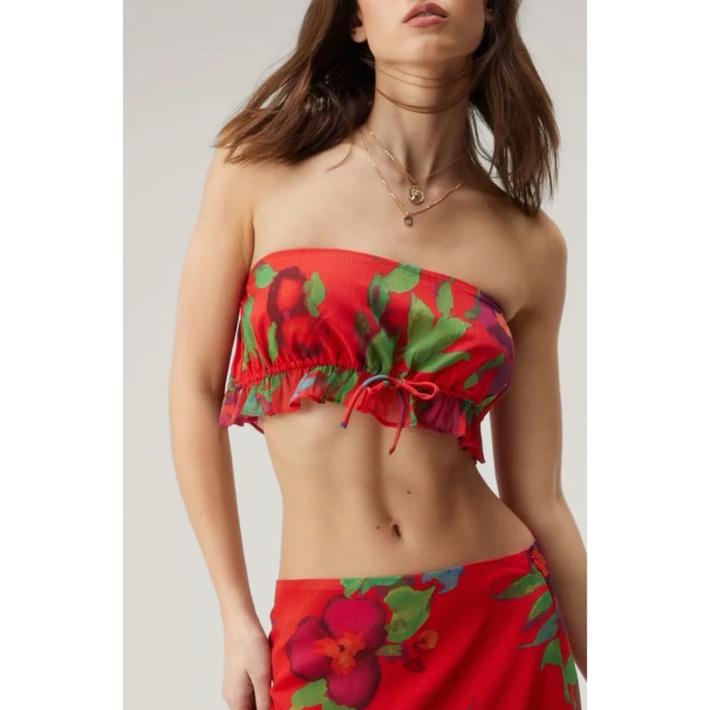 Nasty Gal Red Floral Frill Tie Front  Bandeau Top, 8